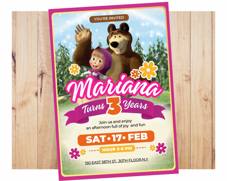 Invitacion de cumpleaños de masha y ele oso editable Masha and the bear invitation zdjęcie 2