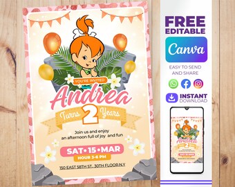 Invitaciónde cumpleaños de pebbles picapiedras editable e imprimible