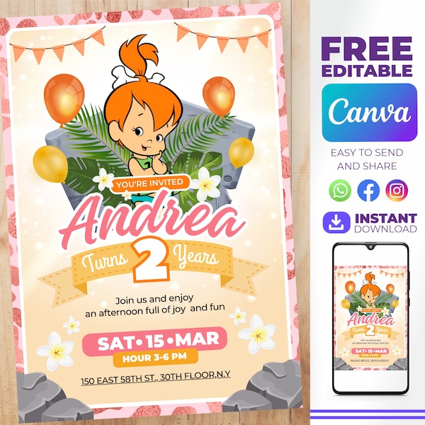 Editable and Printable Flintstones Pebbles Birthday Invitation