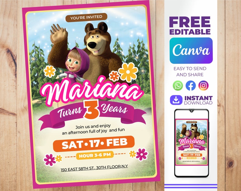 Masha and the bear birthday invitation editable Masha and the bear invitation image 1