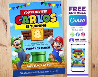 Mario Bros Birthday Invitation Editable