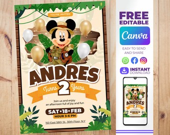 Invitacion de cumpleaños de mickey mouse safari editable