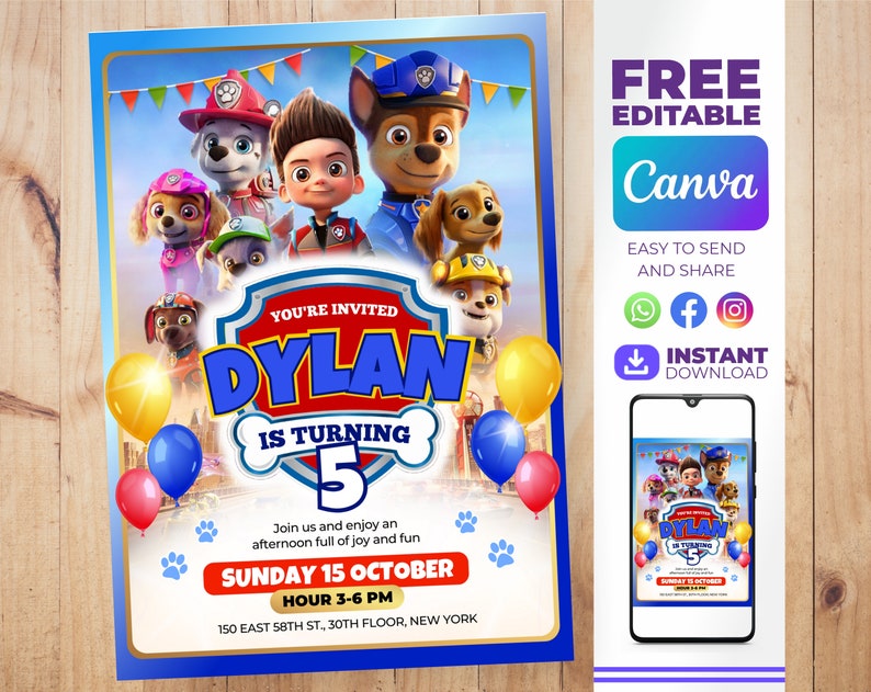 Bewerkbare Paw Patrol verjaardagsuitnodiging P-Patrol afbeelding 1