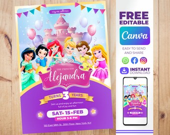 Invito di compleanno della principessa Disney Modificabile - Invito di compleanno della principessa Disney