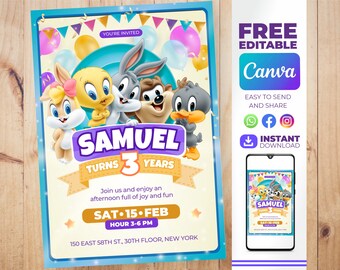 Invitacion de cumpleaños de los looney tunes editable - Looney Tunes birthday invitation