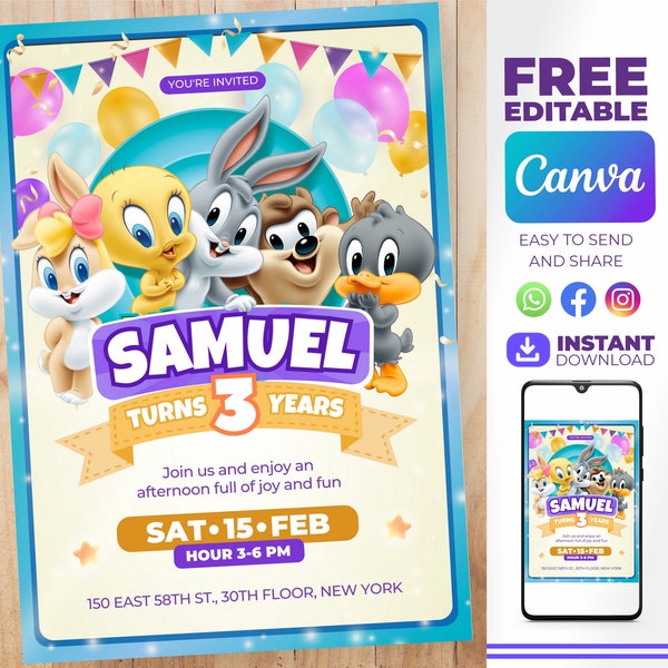 Editable looney tunes birthday invitation - Looney Tunes birthday invitation