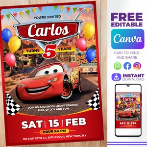 Cars Birthday Invitation / Lightning Mcqueen Invitation Editable