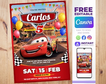 Invitacion de cumpleaños de Cars / Invitacion del Rayo Mcqueen Editable