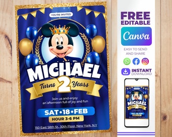 Invitacion de cumpleaños de Mickey principe azu  editable - Mickey prince blue birthday invitation