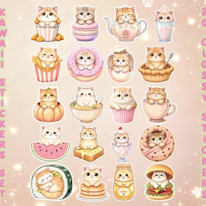 Jeu d'autocollants chat et nourriture kawaii – 20 autocollants chats brillants (3 tailles disponibles) | Imperméable | Coupe baiser | Album, agenda, journal | Cadeau mignon