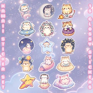 Set di adesivi kawaii Cat & Space – 15 adesivi per gatti (3 misure disponibili) / Impermeabili / Kiss Cut / Album, Planner, Journal / Regalo carino