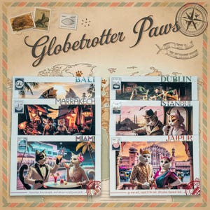 Cat Postcard Set - 50 City "GlobeTrotter Paws" | Vintage | Travel | Retro Wanderlust Cat Art | Unique Gift for Cat Lovers & Travelers