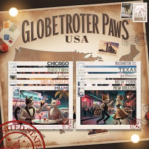 Vintage Cat Postcard Set - GlobeTrotter Paws USA | 10 Iconic American Cities | Retro | Travel | Aesthetic | Hollywood-Inspired