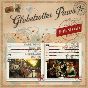 Set di 50 cartoline vintage da viaggio con gatti della città – GlobeTrotter Paws/ Retro Wanderlust Cat Art / Download digitale / Regalo unico per gli amanti dei gatti