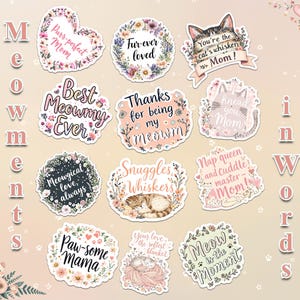Lot d'autocollants pour la Fête des Mères et citation chat Cottagecore | Stickers floraux imperméables | PC, album | Cadeau de fête des mères pour les amoureux des chats | 12 pièces