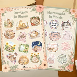 Muttertag Katzen Sticker Pack | 24 Entzückende wasserdichte Aufkleber mit Pastellblumen und süßen Worten | Perfekt zum Verschenken oder Journaling