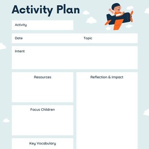 Può includere: Un modello di piano di attività stampabile con un'illustrazione di cartone animato di un bambino che pilota un aereo. Il modello include sezioni per l'attività, la data, l'intento, l'argomento, le risorse, la riflessione e l'impatto, i bambini di riferimento, il vocabolario chiave, i collegamenti al curriculum e i passaggi successivi.