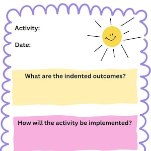 Może przedstawiać: Na białym tle narysowane jest żółte słońce z uśmiechającą się twarzą. Na górze strony widnieje tekst "Działanie:" i "Data:". Pod słońcem znajdują się trzy pola z różnymi kolorowymi tłami. Pierwsze pole jest żółte i zawiera napis "Jakie są zamierzone rezultaty?" Drugie pole jest różowe i zawiera napis "Jak zostanie wdrożone działanie?" Trzecie pole jest fioletowe i zawiera napis "Jaki był wpływ działania?"
