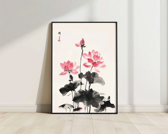 八大山人蓮の絵画、ミニマリスト中国水墨画、伝統的なアジアの装飾