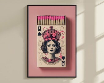 Queen Matchbox Wall Art, Vintage Matchbox Poster, Trendy Pink Matchbox Wall Art, Queen of Spades Wall Art Prints, Retro Printable Wall Art