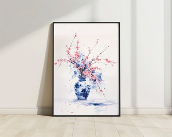 Peut inclure: Peinture à l'aquarelle d'un vase en porcelaine bleu et blanc rempli de fleurs roses et blanches. Le vase est posé sur une surface blanche avec des pétales roses éparpillés autour.