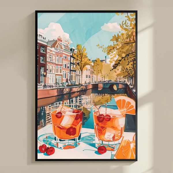 Old Fashioned Amsterdam Cocktail Print, Amsterdam Poster, Bar Cart Decor, Colorful Cocktail Art, Alcohol Gift, Kitchen Modern Bar Wall Art