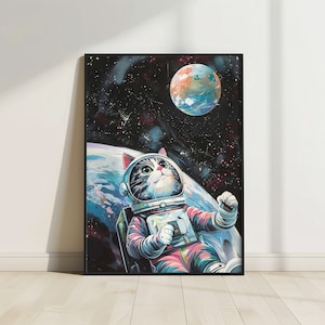 Weltraum Katze Druck, Astronauten Katze Poster, getigerte Katze Poster, Tier Weltraum Druck, lustiger Tierdruck, lebendige Ölmalerei, Galaxie Katze Wandkunst