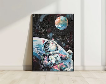 Astronaut Cat Poster, Space Cat Print, Funny Galaxy Tabby Cat Poster, Funny Animal Print, Vivid Oil Painting, Printable Wall Art