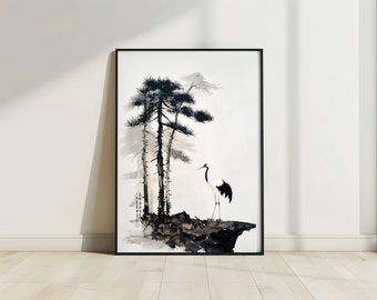 Pine Tree and Crane Print, Chinese Art Print, Chinese Ink and Wash Painting, Chinese Black and White Painting, Minimalist Digital Wall Art