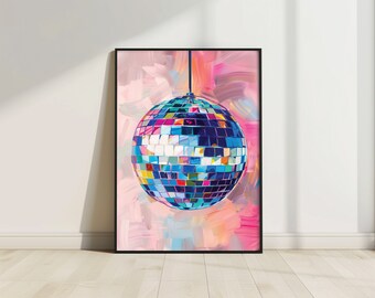 Rainbow Disco Ball Wall Art, Disco Ball Poster, Colorful Mirrorball Print, Vivid Oil Painting, Mirrorball Printable Wall Art