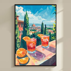 Negroni Florence Cocktail Print, Florence Travel Poster, Bar Cart Decor, Kolorowa sztuka koktajlowa, Prezent alkoholowy, Kuchnia Nowoczesna sztuka ścienna do baru