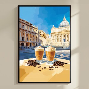 Coffee Shakerato Rome Print, plakat podróżniczy, dekoracja wózka barowego, sztuka kawy, prezent alkoholowy, nowoczesna sztuka ścienna do kuchni, wydruk mrożonej kawy