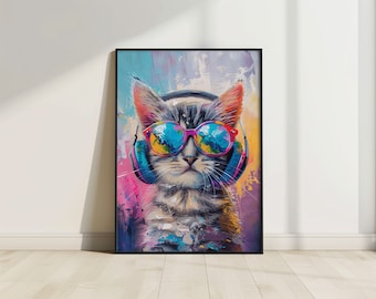 Sliver Tabby Cat with Headphone, Tabby Cat Poster, Cat Print, Cat Funny Poster, Funny Animal Print, Vivid Oil Painting, Cat Music Wall Art
