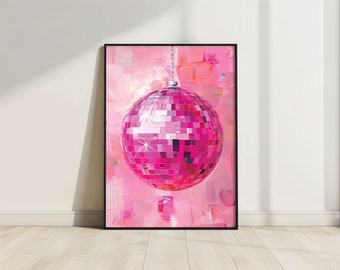 Arte mural de bola de discoteca rosa, póster de bola de discoteca, impresión de bola de espejos rosa, pintura al óleo vívida, arte mural imprimible