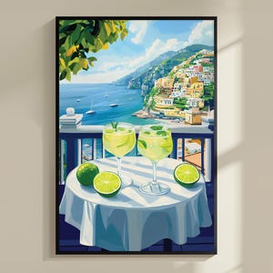 Hugo Spritz Positano Coast Cocktail Print, plakat podróżniczy, dekoracja wózka barowego, sztuka koktajlowa z limonką, prezent alkoholowy, nowoczesna sztuka ścienna do kuchni
