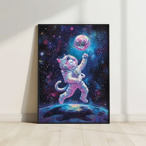 Weltraum Katze Print, Astronaut Katze Poster, Spiegelball Katze Poster, Tier Weltraum Druck, lustiger Tierdruck, lebendiges Ölgemälde, Discokugel Katze Kunst