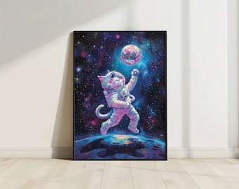 May include: A white cat wearing a pink and blue astronaut suit floats in space with a pink and blue planet in the background. The cat is reaching out to the planet with its right paw. The background is a dark blue with stars.