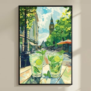 Mojito London Cocktail Print, London Travel Poster, Bar Cart Decor, Kolorowa sztuka koktajlowa, Prezent alkoholowy, Nowoczesna sztuka ścienna do baru kuchennego