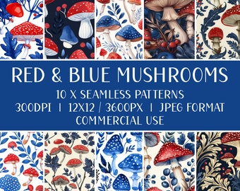 Red & Blue Mushrooms Digital Paper - Seamless Pattern - Nature Backgrounds - 12inx12in - Toadstool Sublimation - Commercial Use