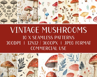 Vintage Mushrooms Digital Paper - Seamless Pattern - Nature Backgrounds - 12inx12in - Toadstool Sublimation - Commercial Use