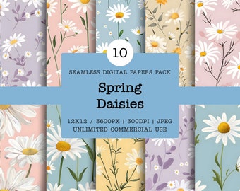 Spring Daisies Digital Paper, Flower Backgrounds Seamless Pattern, Floral Sublimation Patter, 12inx12in Papers, Commercial Use