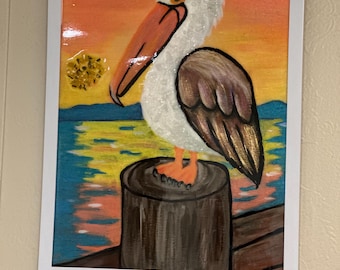 Handpainted Pelican with glass and resin 11x14” framed!