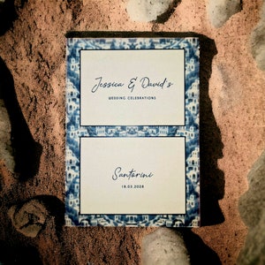25 perkament uitnodigingskaarten - creatieve Santorini patroon huwelijksuitnodiging - Griekse bestemming bruiloft RSVP of bewaar de datum print blauw & wit