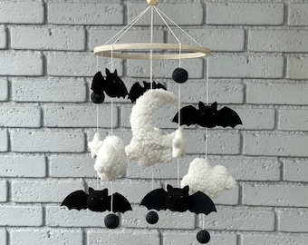 Bat boucle baby mobile, white and black boucle mobile, bat mobile for crib