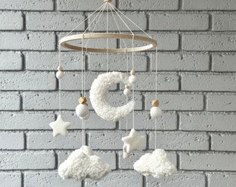 Boucle Mond und Sterne Baby Mobile, weiße Boucle Mobile, Boucle Mobile für Krippe, Minimalistische Baby Boucle, Baby Geschenke