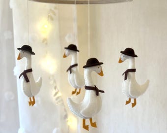 Goose in a hat baby crib mobile, Vintage, farmhouse, rustic nursery decor, Neutral baby shower gift, Duck nursery, Goose felt mobile