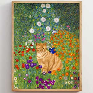 Gustav Klimt The Garden Cat Print, Pôster de gato laranja, Arte de gato Klimt Flowers, Pintura floral, Presente de arte de gato engraçado, Decoração impressionista | 088
