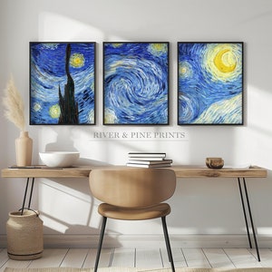 Conjunto de 3 grabados de la noche estrellada, pintura de Vincent Van Gogh, imagen del cielo nocturno estrellado, arte postimpresionista, pintura al óleo famosa / 081