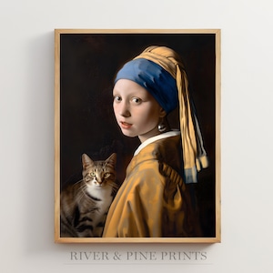Girl with the Pearl Earring with Cat Painting, Johannes Vermeer Artwork, Medieval Wall Art, Classical Home Decor, Renaissance Funny Cat Gift