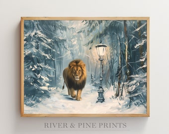 May include: A painting of a lion walking through a snowy forest with a street lamp in the background. The lion is brown and has a dark mane. The forest is painted in shades of blue and white.
